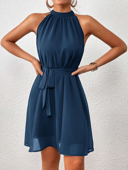 Priv Solid Belted Halter Dress