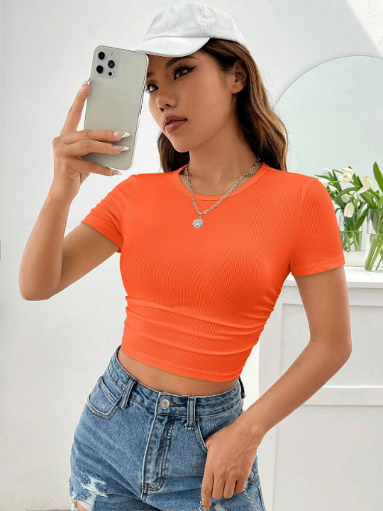 EZwear Spring Clothes Solid Ruched Crop Tee