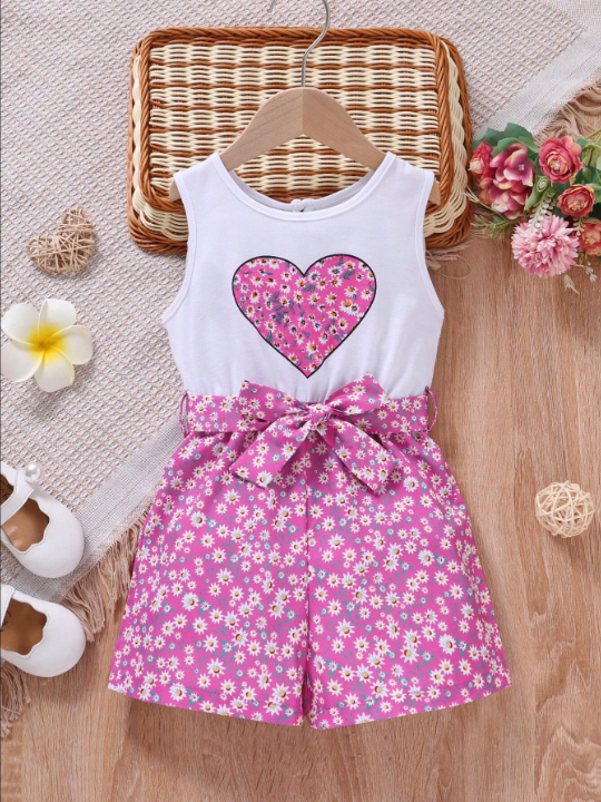 Young Girl Ditsy Floral & Heart Print Belted Romper