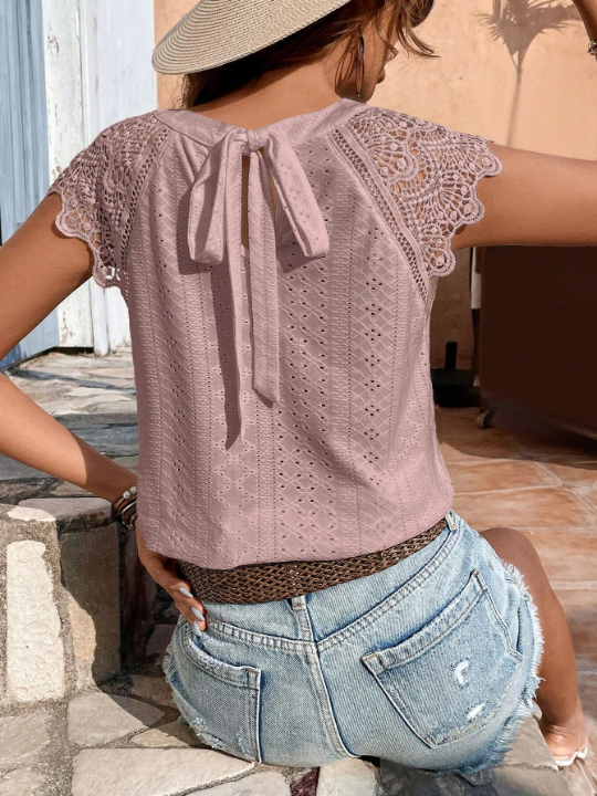 Frenchy Contrast Lace Tie Back Raglan Sleeve Blouse