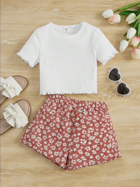 Young Girl Short-Sleeved Round Neck Set Ruffled Lettuce Edge T-Shirt And Floral Print Shorts