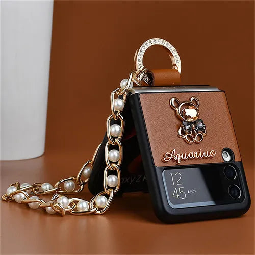 Pearl Bracelet Rhinestone Bow Bear Brown Ring Case For Samsung Galaxy Z Flip 3 5G Z Flip4