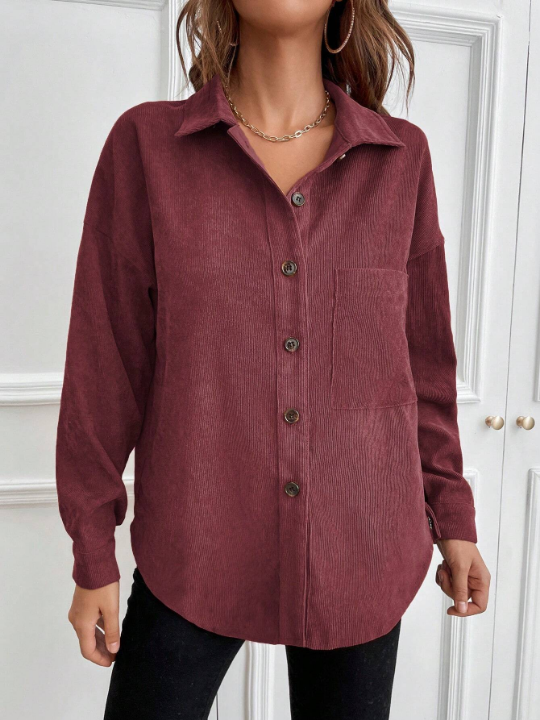 LUNE Solid Button Front Pocket Patched Corduroy Shirt