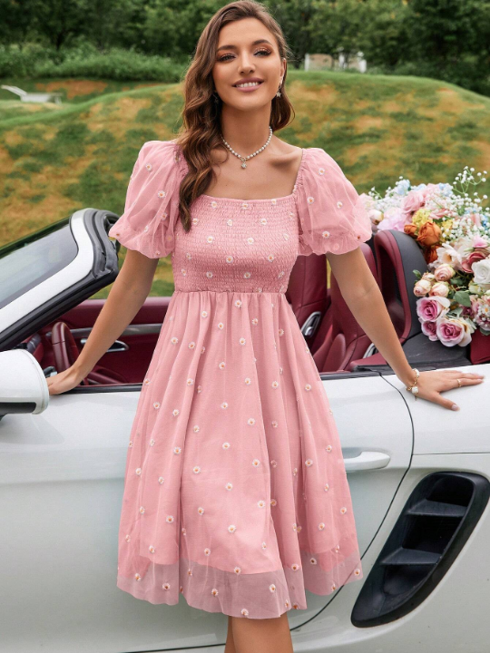 Frenchy Floral Embroidery Puff Sleeve Mesh Overlay Dress