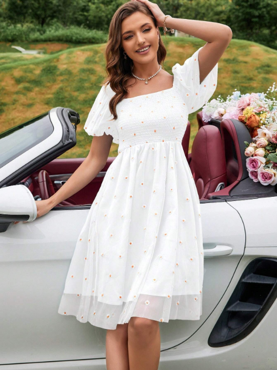 Frenchy Floral Embroidery Square Neck Puff Sleeve Dress