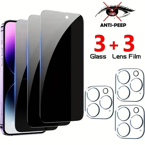 [3 Privacy Glasses + 3 Lens Glasses Film] Full Coverage Privacy Protection Screen Tempered Glass Protector For Apple IPhone 14 Pro Max 14 Plus 11 12 13 14 PRO MAX ProMax 13Pro 14Pro 12Pro 3D Anti Peep Transparent Camera Glass Film