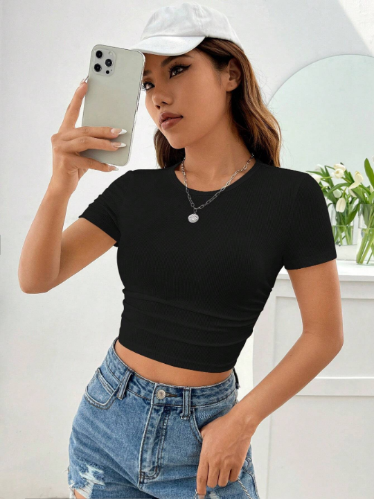 EZwear Solid Ruched Crop Tee