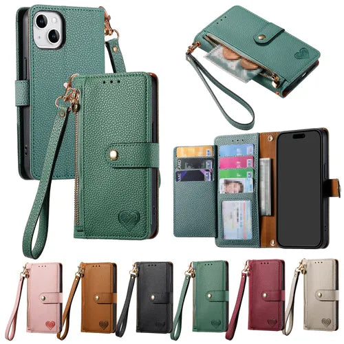 Small Love Clamshell Phone Case Card Bag Document Bag Zipper Purse With Wrist Strap For Iphone 14/14pro/14plus/14pro Max, Iphone 13/13pro/13pro Max/12/12pro/12pro Max,Iphone 11/11pro/ 11pro Max/X/XR/X