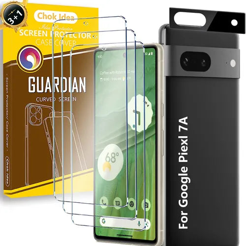 Chok Idea [3+1] Protector For Google Pixel 7A 5G / 7 / 6A 5 G / 6, Glass Screen Protector*3, With 1 Pack Camera Lens Protector, Upgrade Fingerprint Unlock 0.28mm, Sensor Protection, Case Friendly, 9H Hardness