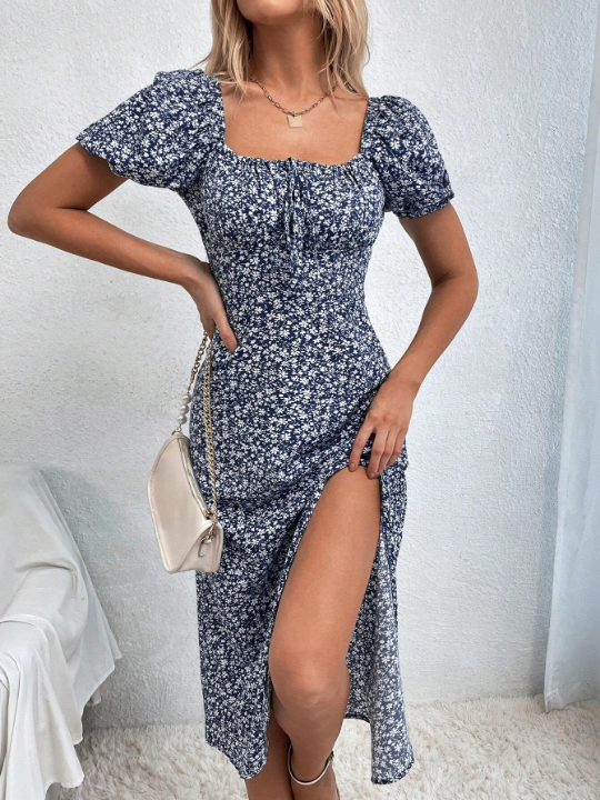 Frenchy Ditsy Floral Print Knot Front Split Thigh Dress