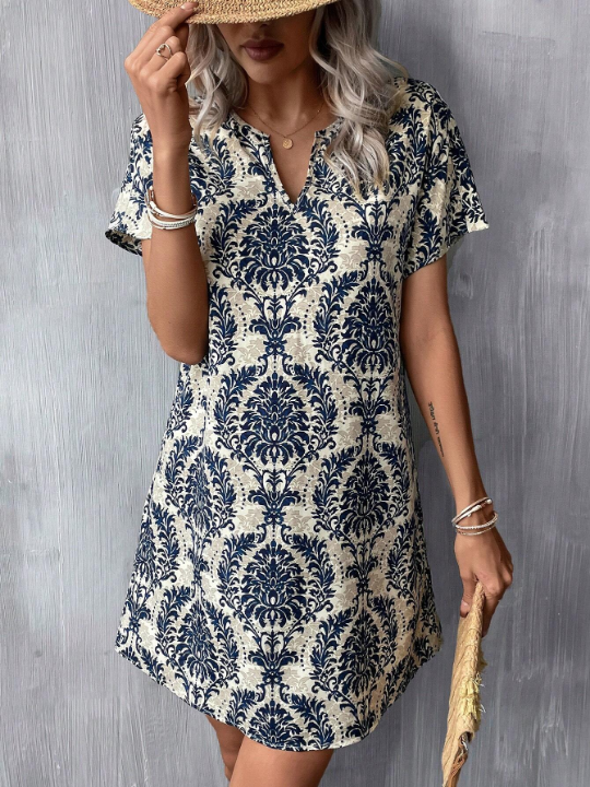 LUNE Summer Allover Print Notched Neck Batwing Sleeve Tunic Dress