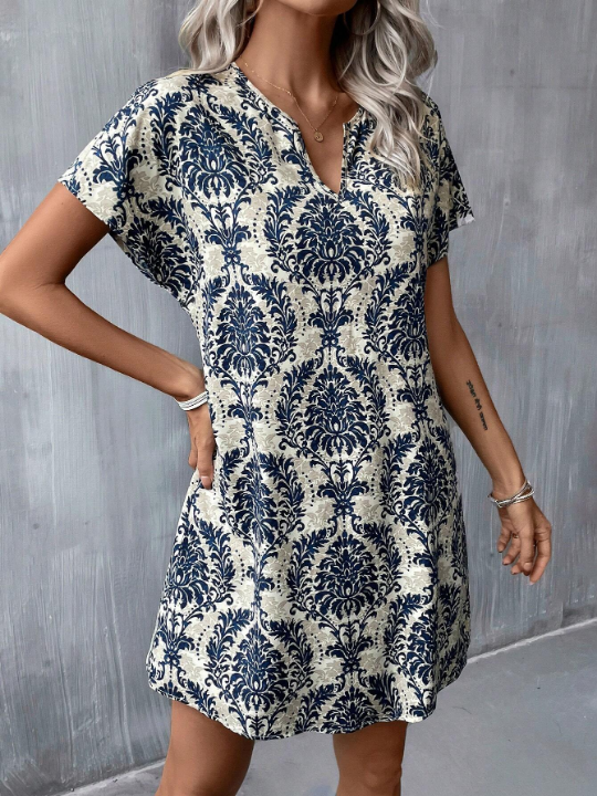 LUNE Summer Allover Print Notched Neck Batwing Sleeve Tunic Dress