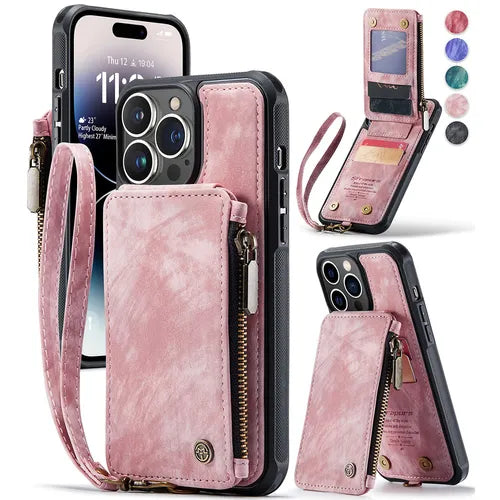 Wallet Case For IPhone 14/13/12/11 With RFID Blocking Leather Case With Card Holder & Kickstand, Zipper Strap Double Button Flip Shockproof Case