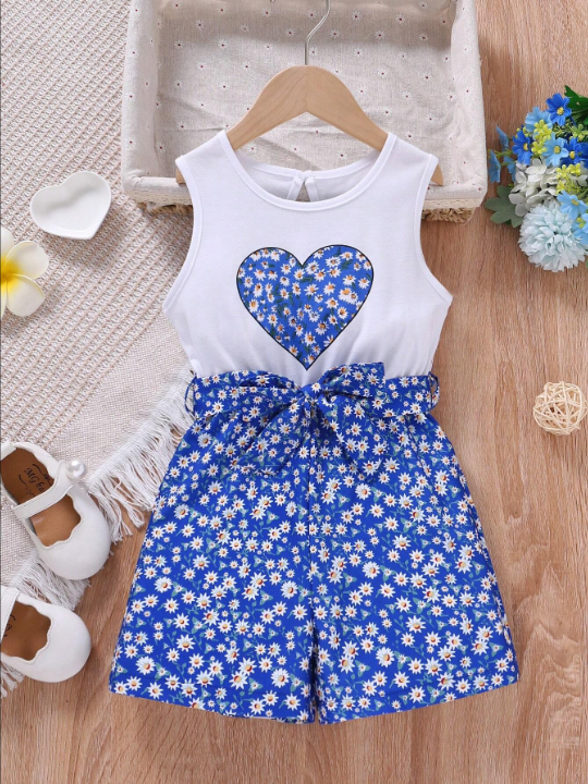 Young Girl Ditsy Floral & Heart Print Belted Tank Romper