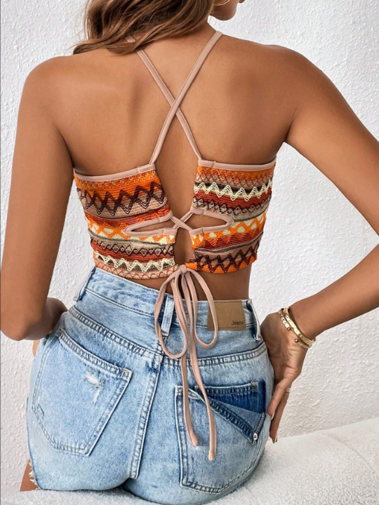 VCAY Geo Print Tie Backless Crop Top