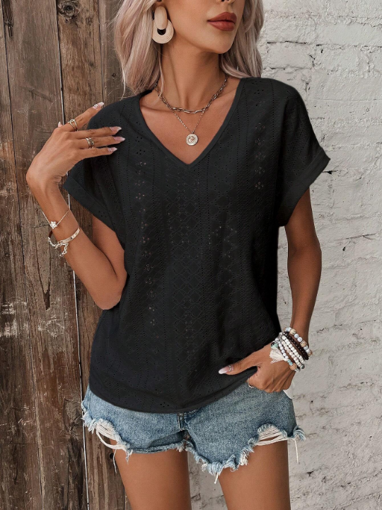 Frenchy Solid Batwing Sleeve V Neck Tee