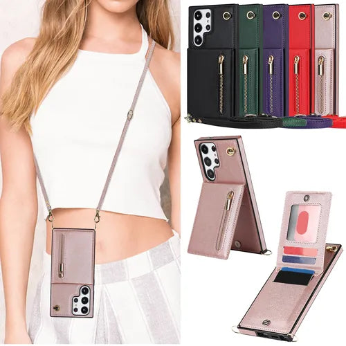 Crossbody Wallet Case Case For Samsung Galaxy S23 S22 Plus Note 20 Ultra With Card Slot Holder, Magnetic Flip Folio Purse Case, PU Leather Zipper Handbag With Detachable Lanyard Strap