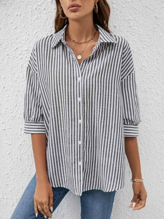 Frenchy Striped Print Drop Shoulder Shirt