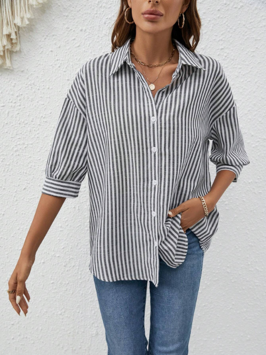 Frenchy Striped Print Drop Shoulder Shirt