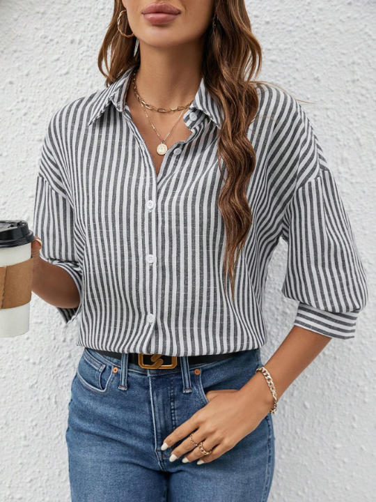 Frenchy Striped Print Drop Shoulder Shirt