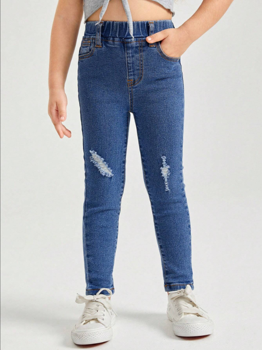 SHEIN Young Girl Solid Color Casual Skinny Jeans With Distressed Details, Suitable For Spring And Summer
