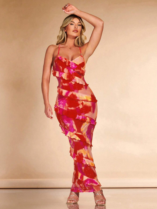 BAE Tie Dye Ruffle Trim Crisscross Backless Ruched Side Bodycon Dress