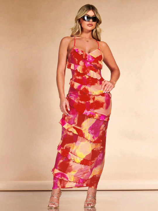 BAE Tie Dye Ruffle Trim Crisscross Backless Ruched Side Bodycon Dress