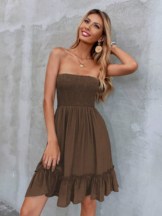 VCAY Solid Ruffle Hem Tube Dress