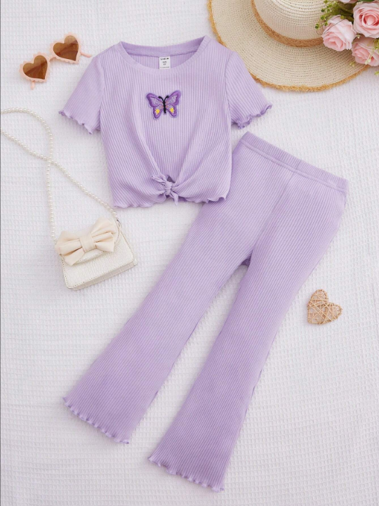 Young Girl Butterfly Print Knot Hem Tee & Flare Leg Pants