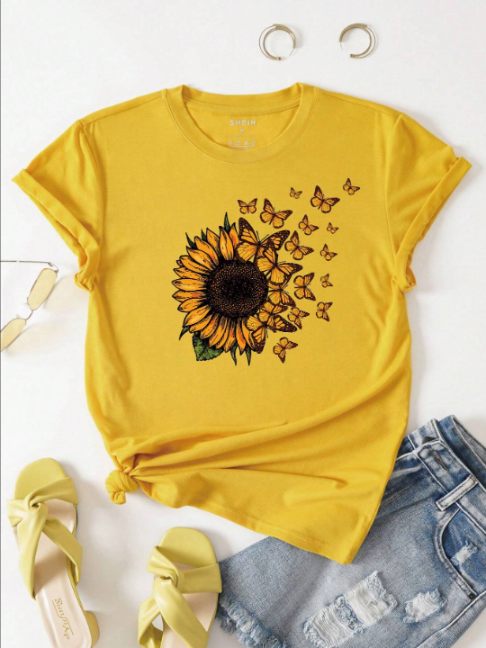 LUNE Sunflower And Butterfly Print Tee