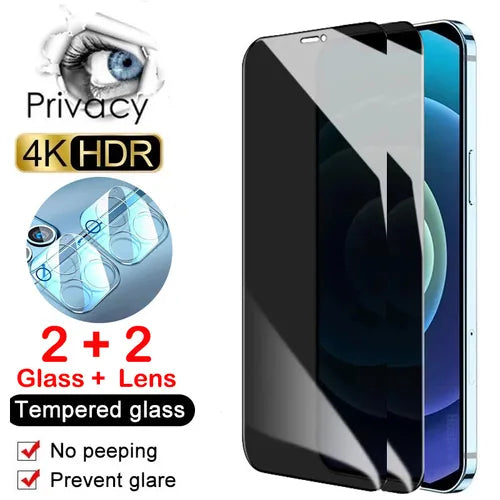 4 In 1 [2PCS Privacy Glass + 2PCS Lens Glass] Full Cover Privacy Safe Screen Protector For IPhone 14 13 Pro MAX Anti Peep Tempered Glass For IPhone 12 11 Pro Max 14 Plus Camera Protect Film