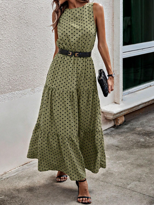 LUNE Polka Dot Print Ruffle Hem Dress Without Belt