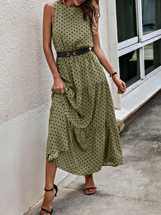 LUNE Polka Dot Print Ruffle Hem Dress Without Belt