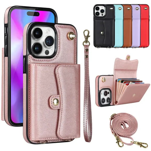 Crossbody محفظة من جلد PU حافظة لهاتف آيفون 14 13 12 Mini 11 Pro X XS Max XR 8 7 SE 2020 2022 فتحات بطاقة الحبل المغناطيسي غطاء الهاتف