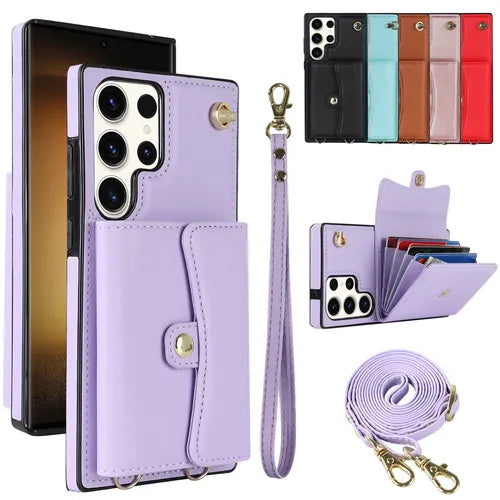 Crossbody PU Leather Phone Case For Samsung Galaxy S23 S22 Plus Note 20 Ultra Wallet Card Slots Magnetic Lanyard Cover