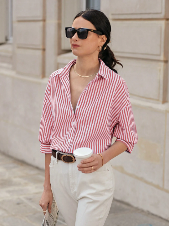 Frenchy Striped Print Drop Shoulder Blouse Summer Tops Vacation Clothes