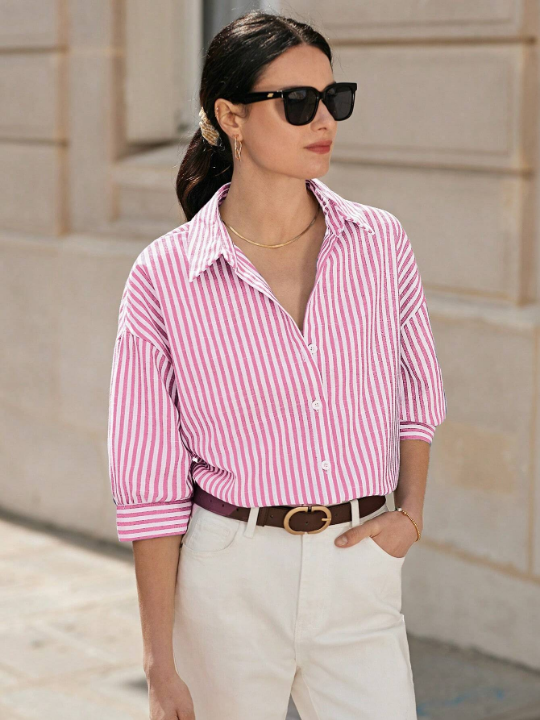 Frenchy Striped Print Drop Shoulder Shirt