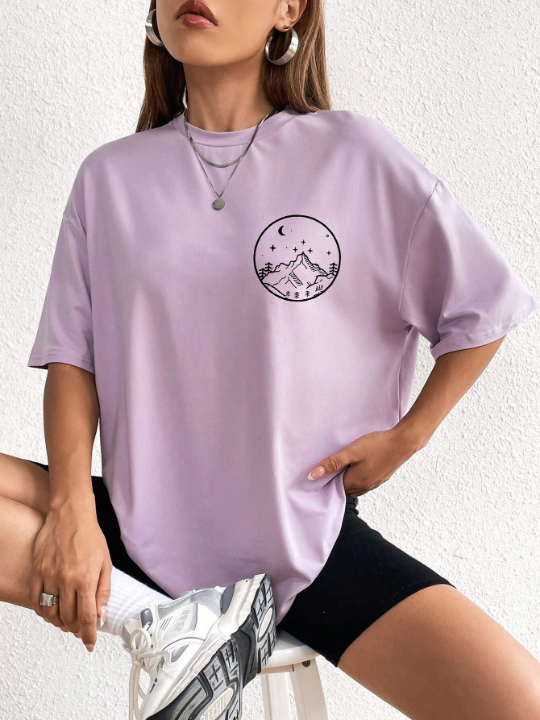 Sun & Moon Print Drop Shoulder Tee