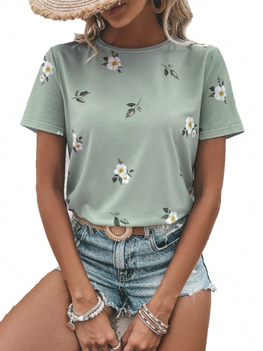 LUNE Floral Print Round Neck Tee Graphic T Shirt