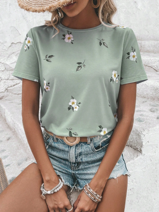 LUNE Floral Print Round Neck Tee Graphic T Shirt