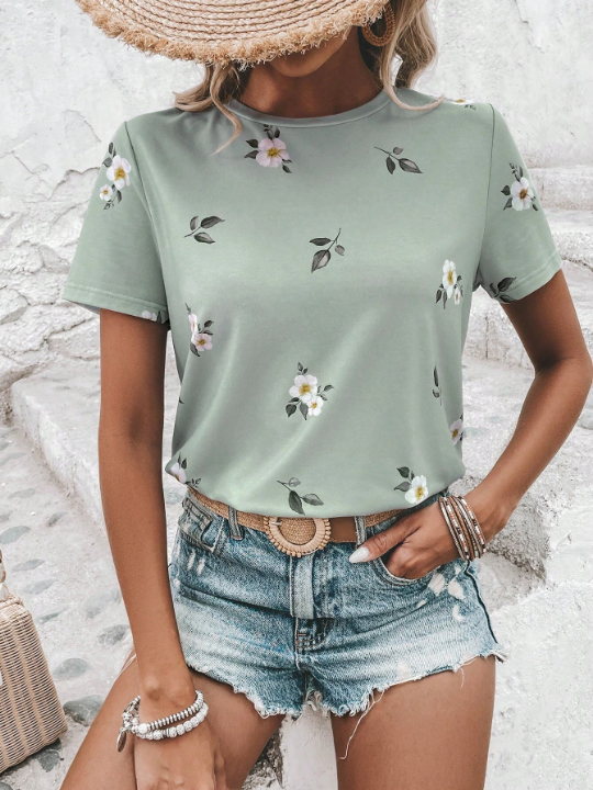 LUNE Floral Print Round Neck Tee Graphic T Shirt