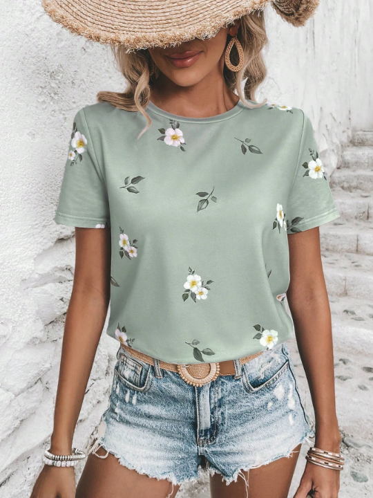 LUNE Floral Print Round Neck Tee Graphic T Shirt