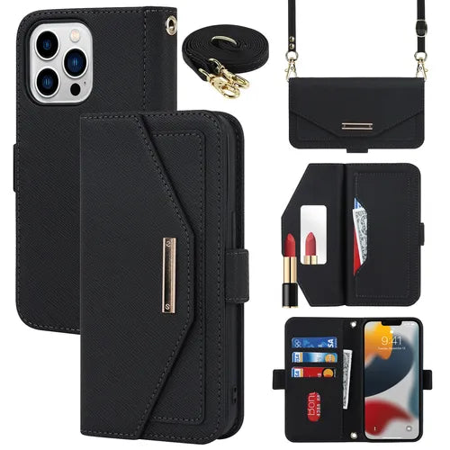 Crossbody Wallet Phone Case, Card Slot Holder Lanyard Chain Strap Zipper Bag For IPhone 14 Pro Max (6.7")