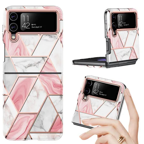 Designed For Samsung Z Flip 4 Flip 3 Case Marble For Women Girls With IMD Marble Durable Sturdy Drop Proof Cute Case