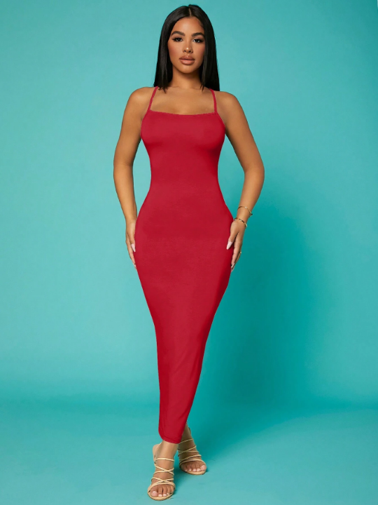 Solid Criss-cross Backless Bodycon Dress