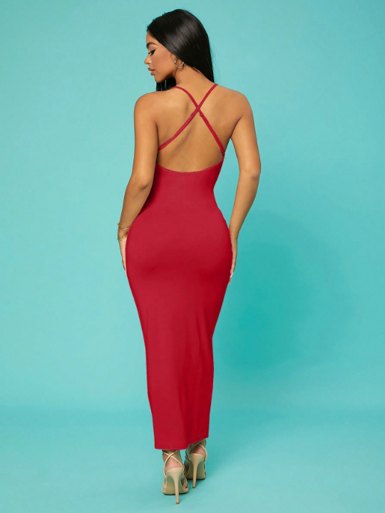 Solid Criss-cross Backless Bodycon Dress