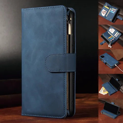 Business Card Slots Zipper Wallet Flip Leather Phone Case For Samsung Galaxy S23 S22 S21 Ultra S20 Plus S21 Fe S20 Fe S10 S9 Plus S10E