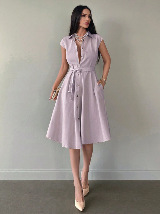 Solid Button Front Belted Shirt Dress