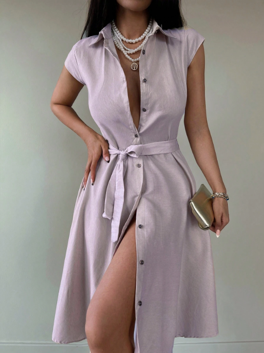 Solid Button Front Belted Shirt Dress