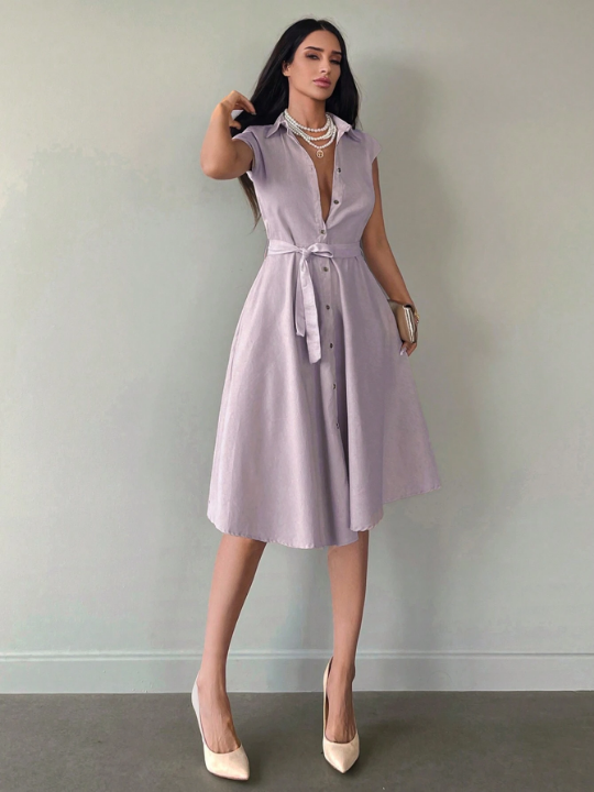 Solid Button Front Belted Shirt Dress